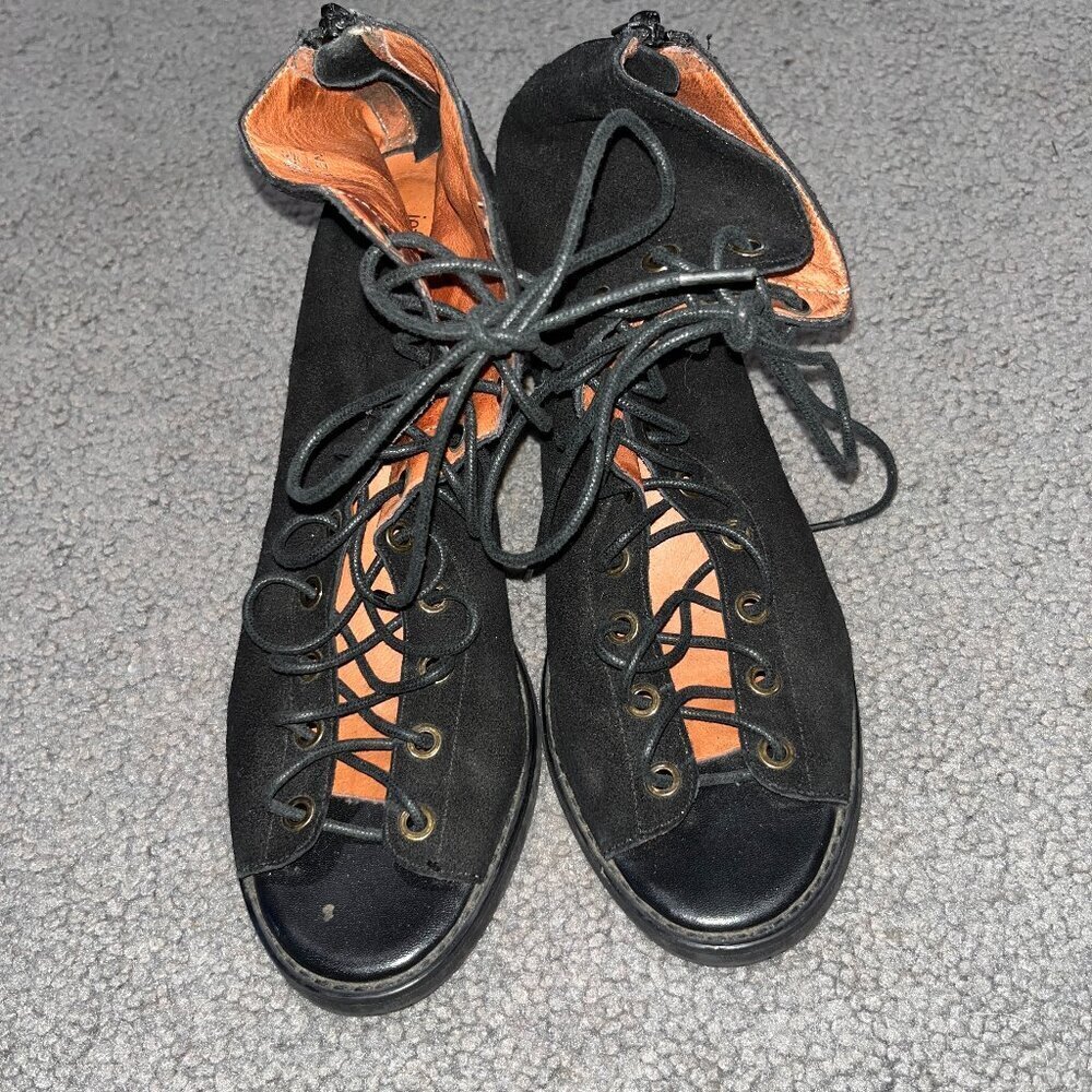 JEFFREY CAMPBELL CORS BLACK SUEDE PEEP TOE EXPOSED LACE-UP BACK ZIP BOOTIES - 10